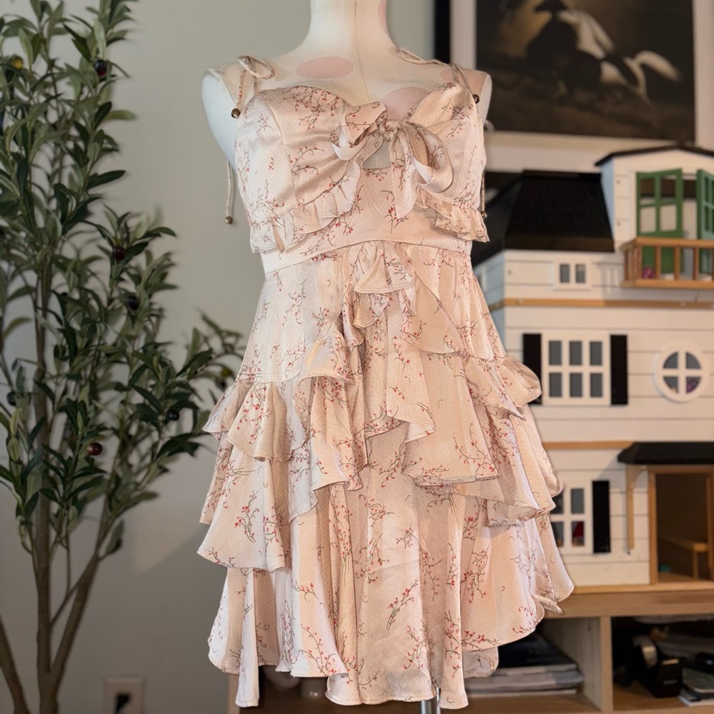 Saints + Secrets Champagne Floral Ruffled Mini Dress - Size Large NWT